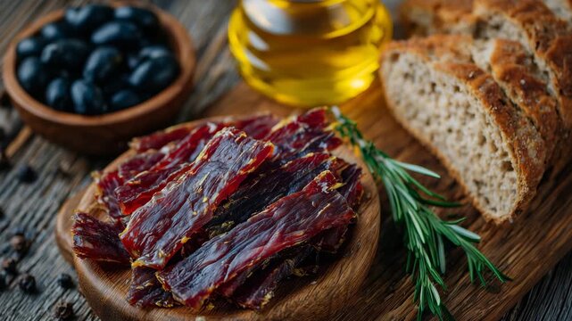 355Overhead view of dried meat arranged on a picnic board, jerky, biltong, and salami with bread and fruit, outdoor summer picnic concept