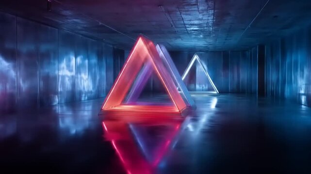 A futuristic tunnel showcases three illuminated triangular structures reflecting vibrant colors