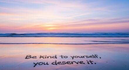 Positive affirmation message written in wet sand at the beach encouraging self-love against a serene pastel colored sunset ocean backdrop