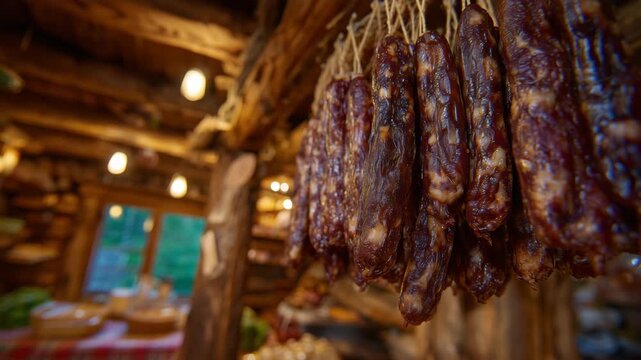358Wide shot of assorted dried sausages hanging in a rustic kitchen, different shapes and sizes, natural ambient light, traditional curing and artisanal concept