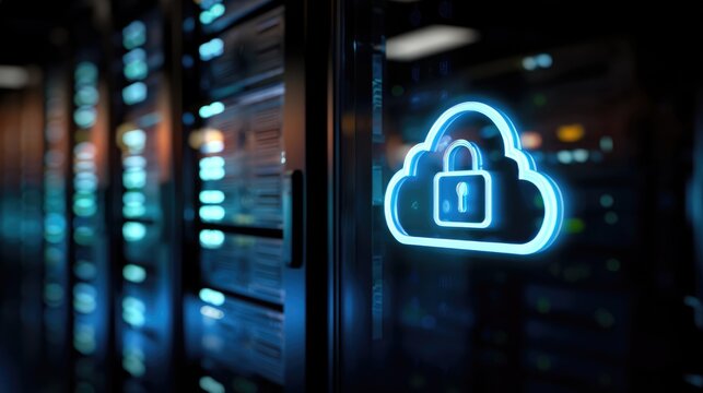 Secure cloud data center with encrypted server racks and glowing lock icon, ideal for IT security concepts, enterprise infrastructure visuals, and cloud computing technology use cases