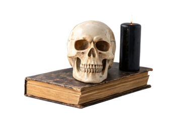 Aged skull with black candle on weathered book, isolated on a transparent background