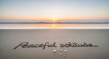 Beautifully written words peaceful solitude etched into wet sand on a tranquil beach during a soft sunset reflecting serene moments of quiet contemplation