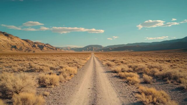 A rugged dirt road stretches into the distance, flanked by sparse desert vegetation and vast rocky mountains in the background under a hazy blue sky.