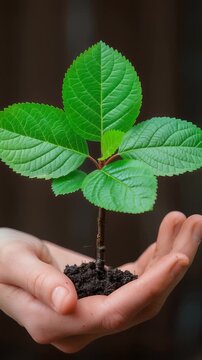 Hands holding a young green plant seedling with soil symbolizing growth care, sustainability and financial prosperity through smart saving and investment