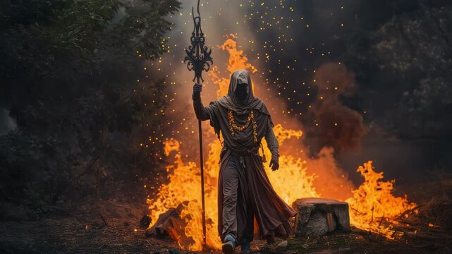 Man holding a staff walks out of the fire