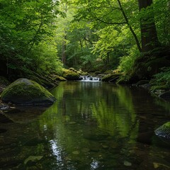 Obraz premium A gentle, clear brook flowing through a quiet, lush forest environment. The tranquil water reflects the surrounding green foliage and large, moss-covered rocks ,brook ,clear ,liquid