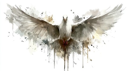 Watercolor illustration of a white dove with outstretched wings against a white background