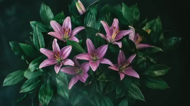 A floral arrangement of purple lilies amidst lush green foliage, illuminated against a dark backdrop