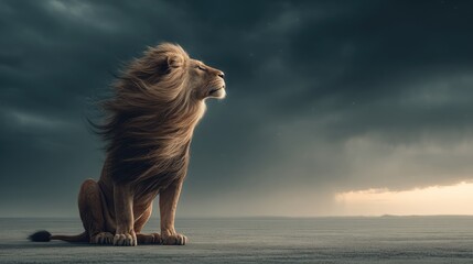 Majestic lion gazing skyward under dramatic cloudy sky at sunset