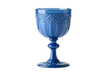 Ornate blue glass goblet with decorative arch patterns, isolated on a transparent background