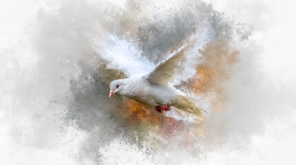 White dove in flight against a diffused background suggestive of peace and freedom