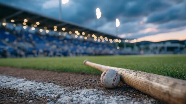 Close-up of a baseball bat and ball on the warning track, rough gravel surface contrasting with smooth bat barrel, empty stadium seats blurred in the background, moody twilight sky