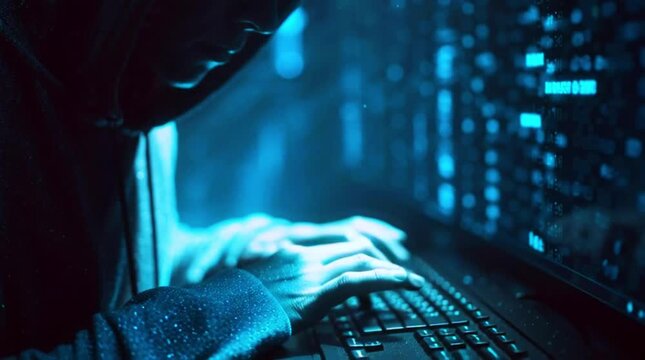Hacker in data security concept. Hacker using laptop. Hacking the Internet. Cyber attack video