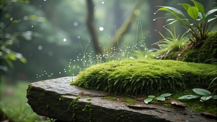 Fototapeta premium Dew-covered moss and plants growing on stone in forest, serene nature macro background for wellness, eco therapy, mindfulness, growth, healing and botanical product visuals
