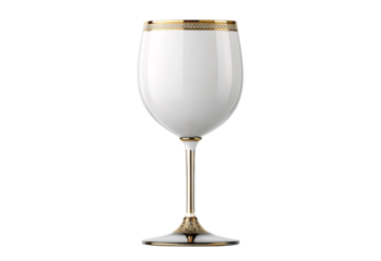 White frosted wine glass with ornate gold detailing, isolated on a transparent background