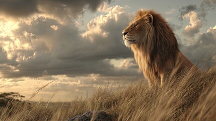 Majestic lion gazing into the distance with dramatic sky background