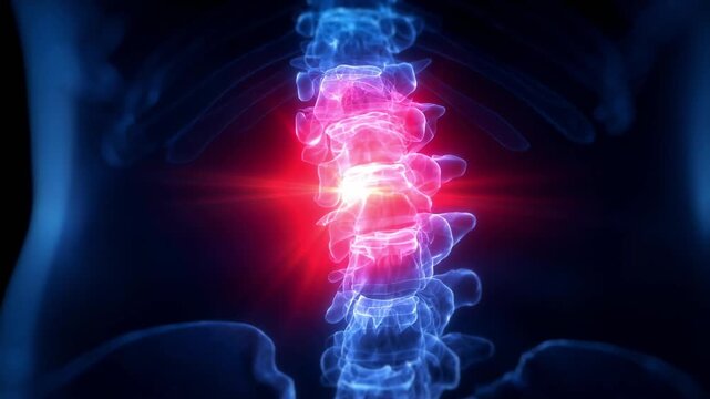 Medical animation showing a detailed x ray of the human lumbar spine, with a red glow indicating intense lower back pain, inflammation, or injury in the vertebral column and discs