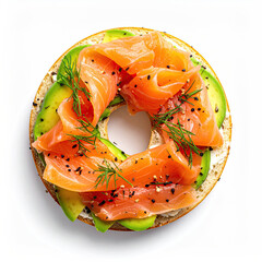 Bagel with Salmon Lox and Avocado Isolated on a White Background