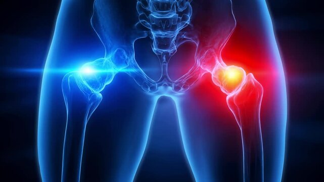 Medical animation showing a detailed blue x ray view of a human skeleton's hips, with the left hip joint highlighted in red to indicate pain, inflammation, or arthritis disease
