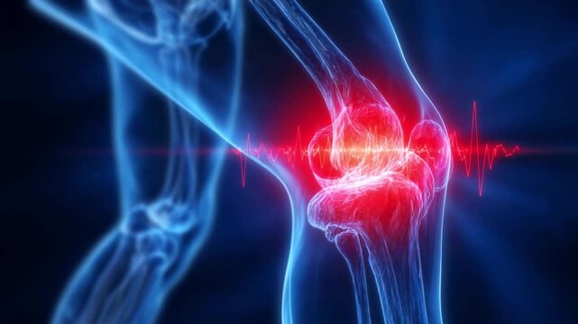 Animated x ray of a human knee showing bones and joint inflammation. This medical concept illustrates arthritis, injury, or degenerative disease with a red painful area and a pulse line