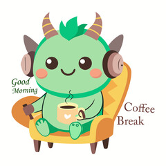 Vector art illustration of kawaii mascot drinking coffee