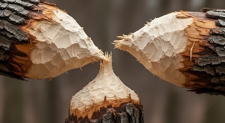 Gnawed tree trunks display sharp teeth marks of industrious beaver work.
