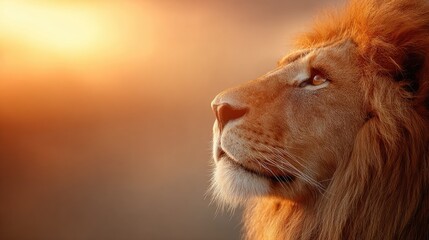 Majestic lion profile in golden sunlight portrait against blurred background