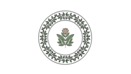 Obraz premium Floral emblem with leaves and berries in a circular frame, centered on white background