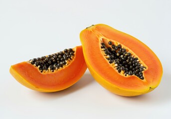Bright orange, ripe papaya fruit sliced open, showing the glossy black seeds and juicy tropical pulp on a clean white background ,produce ,fresh ,yellow