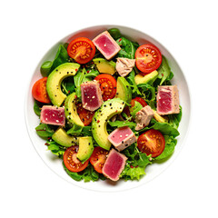 Plate of Ahi Tuna Fish Salad with Cucumbers, Avocado and Tomatoes Isolated on a Transparent Background