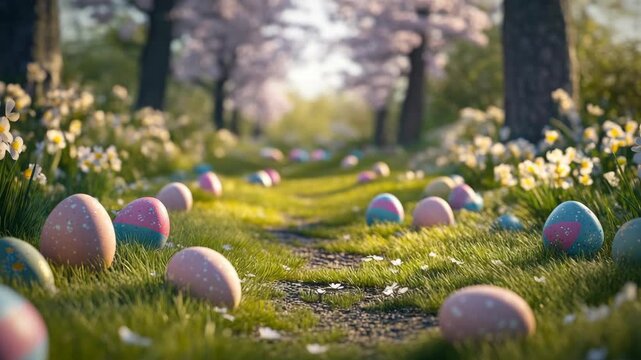 The depicts a serene garden scene with a winding pathway lined by a collection of colorful Easter eggs. The sun is setting or rising behind the horizon, casting long shadows