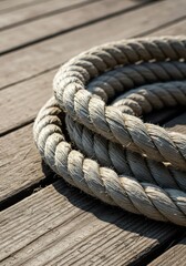 Obraz premium Close up texture of thick nautical rope coiled on an old, weathered wooden deck, showing aging and wear from the sea environment ,sturdy ,rough ,brown
