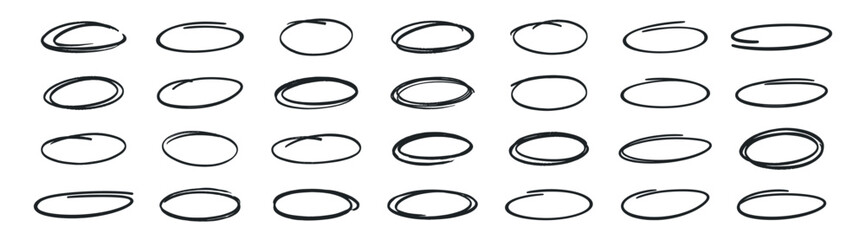 Set of hand drawn doodle ellipses, bright scribble ovals and bubbles to circle text, collection of brush drawn circles, marker round elements and hand drawn circle frames on transparent background