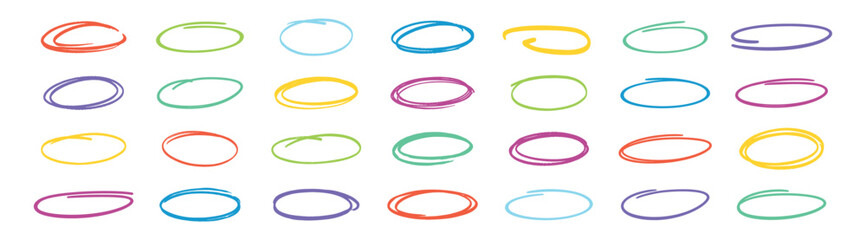 Hand drawn doodle circle set, sketchy marker brush outlines, scribble highlight frames, isolated vector elements on transparent background
