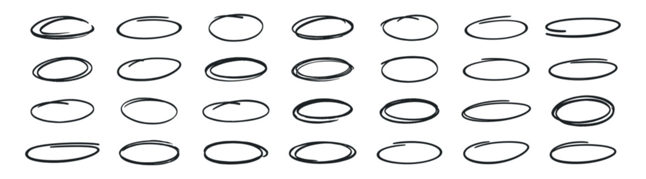 Set of hand drawn doodle ellipses, bright scribble ovals and bubbles to circle text, collection of brush drawn circles, marker round elements and hand drawn circle frames on transparent background