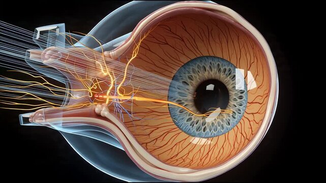 Detailed 3D scientific visualization of the human eye, illustrating light processing and the optic nerve's crucial function in the concept of vision and neurological pathways
