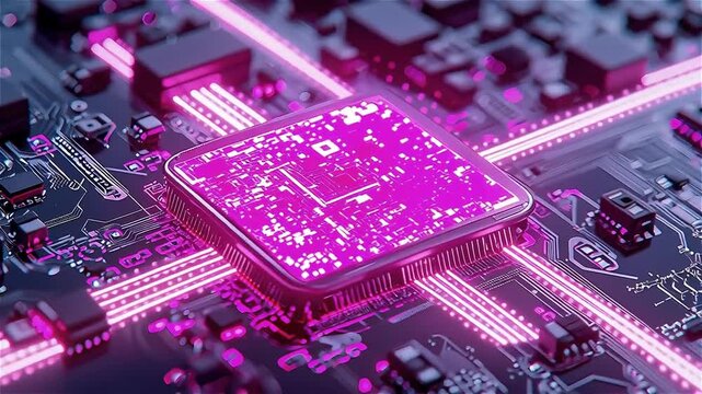 Microchip circuit board glowing pink neon light technology electronic connection futuristic design detailed components concept