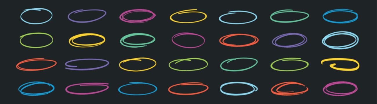 Hand drawn doodle ellipses, bright scribble ovals and bubbles to circle and highlight text, brush drawn black circles, marker round elements isolated on transparent background
