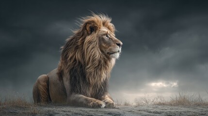 Majestic lion portrait against dramatic cloudy sky background