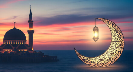A serene Islamic scene unfolds at dusk featuring a majestic mosque on the water and a crescent moon adorned with calligraphy and illuminated by a hanging lantern against a vibrant sunset sky