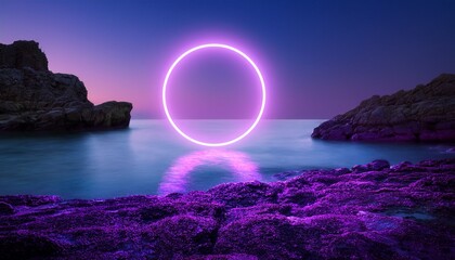 Surreal Seascape With A Luminous Purple Circle Hovering Above Dark Rocks And Water