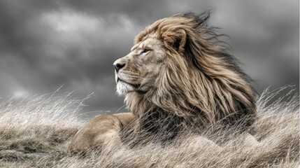 Majestic lion profile in natural environment against moody sky
