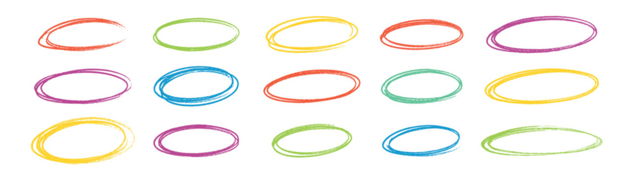 Hand drawn colorful doodle circles and ellipses, brush marker outlines, scribble round frames and bubbles for text on transparent background