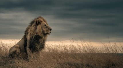 Majestic lion observes the horizon on a grassy landscape under a dramatic sky