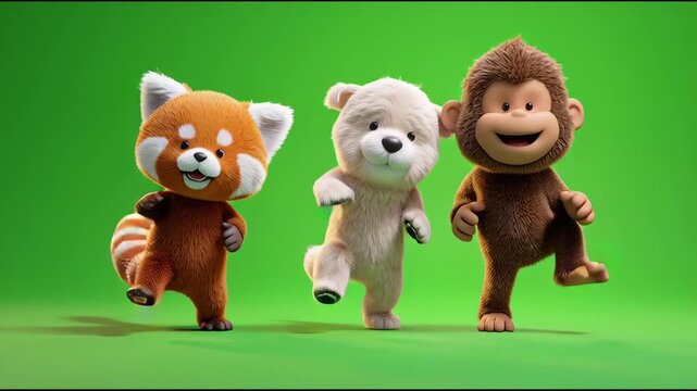 Cute animated red panda, fluffy bear, and playful monkey in a whimsical 3D illustration, joyfully dancing and having fun against a vibrant green screen background