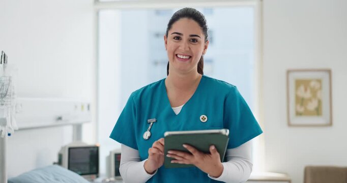 Face, happy woman or nurse in hospital with tablet for patient information, medical research or admin. Healthcare worker, person and scroll with tech in clinic with digital app, telehealth or report.