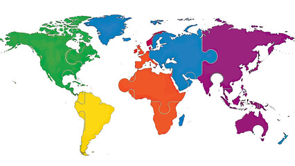 A world map comprised of puzzle pieces, each a different color, highlighting continents