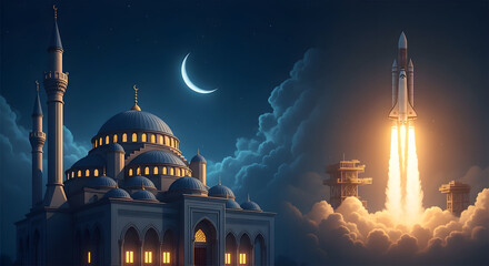 A grand mosque and a powerful rocket launch light up the night sky beneath a crescent moon and cloudy expanse