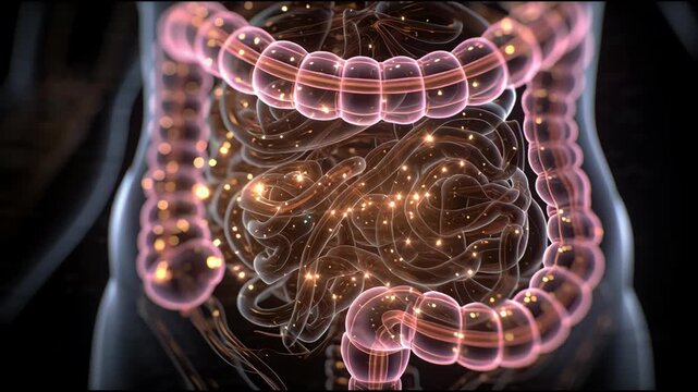 A glowing 3D illustration of the human digestive system, highlighting the large intestine and small intestine with internal glowing particles
